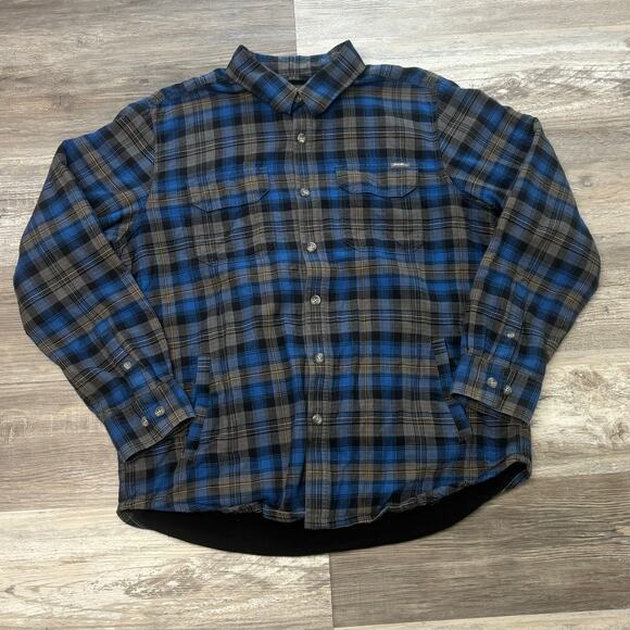 Eddie Bauer Blue Gray Tartan Plaid‎ Mens L Button Up Flannel Lined Shirt Shacket - Picture 1 of 10